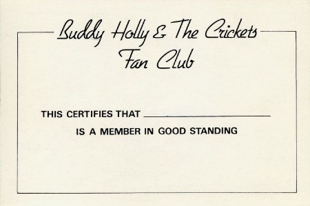 Member Card BUDDY HOLLY & THE CRICKETS FAN CLUB